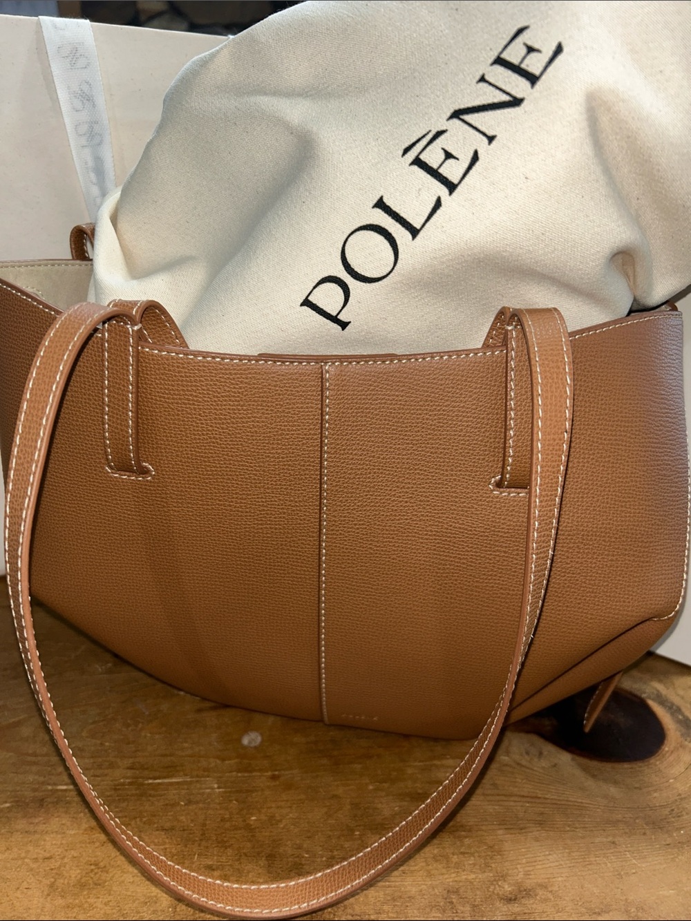 Polène Cyme Mini Textured Leather Tote Bag Camel Brown with Box & Dust Bag - Picture 3 of 10